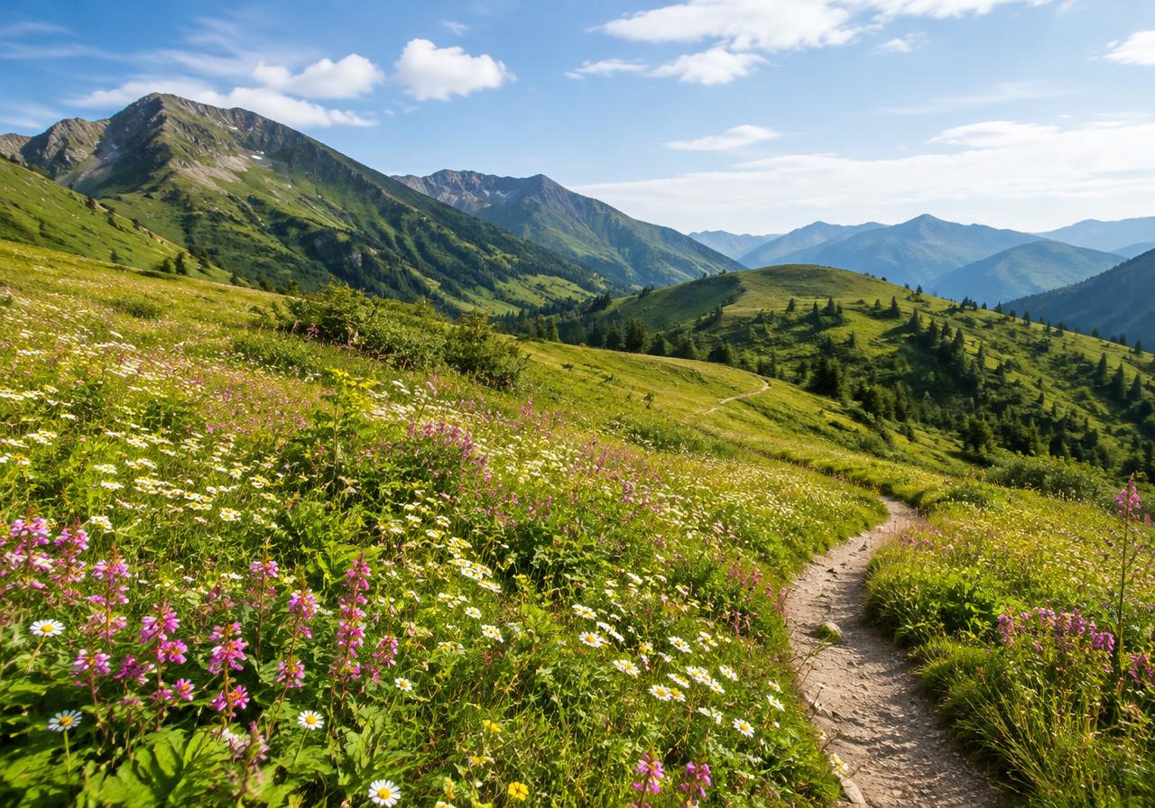 A gentle path through a sunlit wildflower meadow